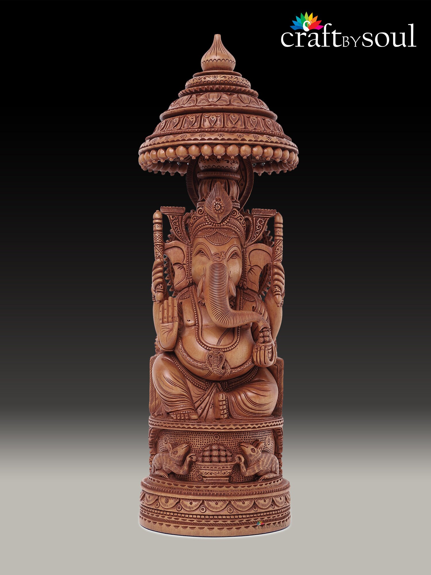 木製のガネーシャ神像 46 CM 大型手彫り、木製のガネーシャ像、木製の