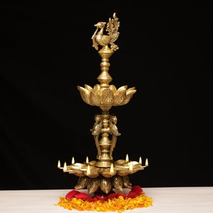 Brass Peacock Diya Stand,Brass Appam Deepam,Brass Deepak 21inch for Temple Mandir Pooja Items, Diwali Deepawali Puja Decor, Gifts for Diwali