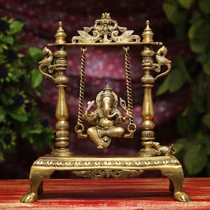 Brass Ganesha Statue on Swing, 34 cm Brass Swinging Ganesh Statue, Swinging Ganesha Idol, Jhula Ganesh, Jhoola Ganpati, New Beginnings Gift.