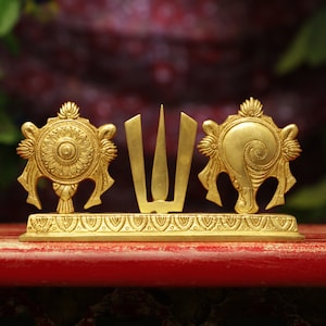 Brass Shankh Chakra Namah Statue,Religious Decor Statues,Bras Spiritual Decor for Mandir Temple Shrine Murthi Pooja, Meditation Yoga Studio