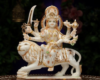 Big Durga Statue in Marble,38cm Pure Marble Devi, Hand Painted Marble Bengali Devi-Marble Durga Mata Pratima-Durga Maa Figurine Idol,India