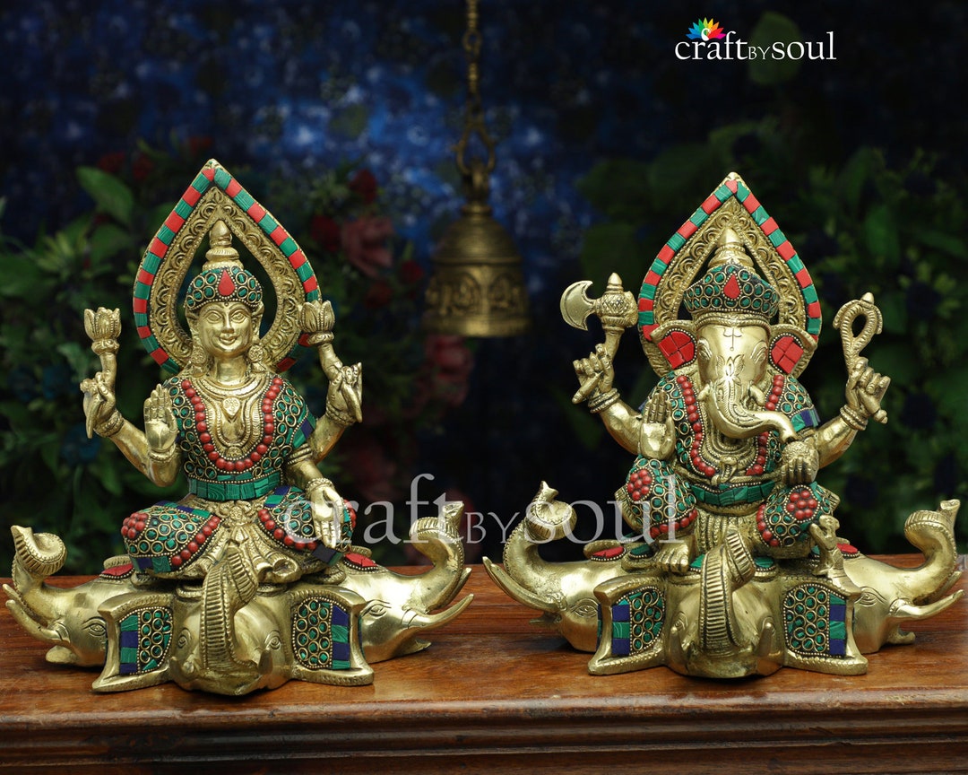 真鍮製ラクシュミ ガネーシャ セット、ヒンドゥー教の神偶像、9