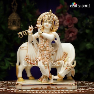 Krishna Statue,39CM Pure Marble Lord Krishna Idol, Sculpture Krishan With Flute, God Of Love Hindu statue Home Decor, Hindu Gifts Altar