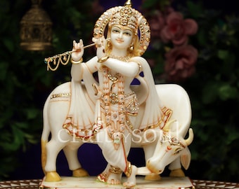 Krishna Statue,39CM Pure Marble Lord Krishna Idol, Sculpture Krishan With Flute, God Of Love Hindu statue Home Decor, Hindu Gifts Altar