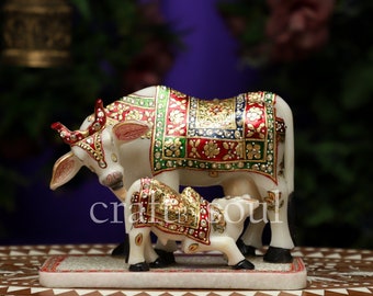 Marble Kamdhenu Cow Statue, Marble Statue, Cow with calf, Home Decor Statue Figurine, Kamdhenu Sculpture Handmade, krishna cow, Marble idol