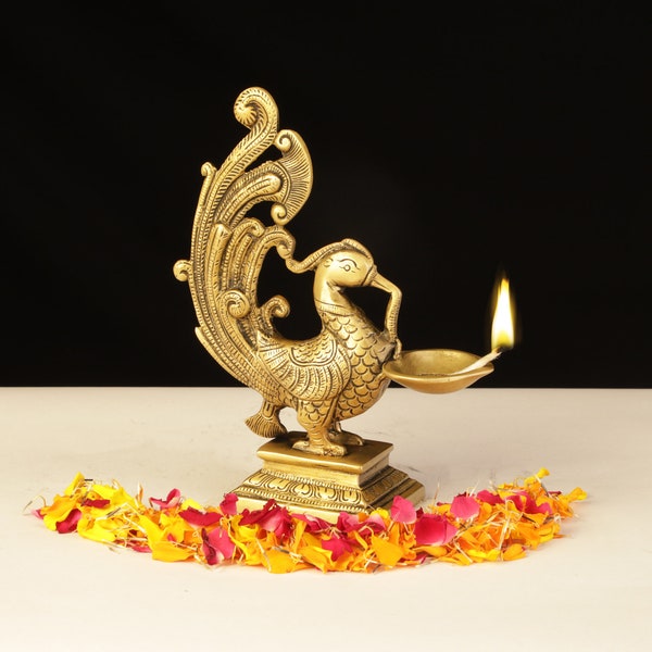 Brass Peacock Diya,Brass Appam Deepam, Kuthu Vilakku,Annapakshi,Oil lamp,Temple Mandir Pooja Items,Diwali Deepawali Puja Decor,Gifts Dia