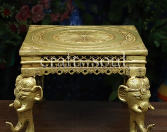 Square Chowki in Brass Elephant Legs,Small Brass Pooja Stool for Home Temple,Chowki For Idols,Chowki for Pooja, Puja Mandir Decor, Showpiece
