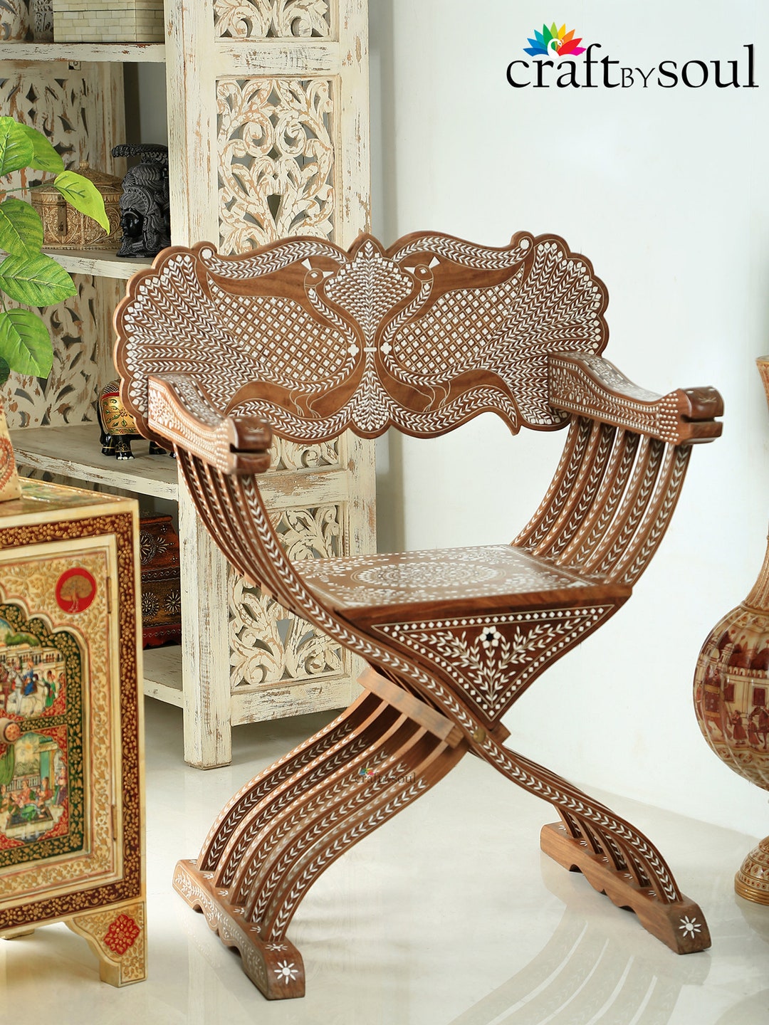 Handmade Vintage Wooden Inlaid Criss Cross Design Chair,92