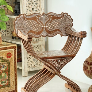 Silla de diseño Criss Cross con incrustaciones de madera vintage hecha a mano, silla de mosaico de madera de 92 CM, silla lateral con incrustaciones para decoración del hogar, arte indio, silla antigua