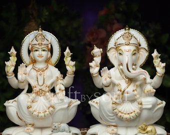 Big Lakshmi Ganesha Set, Hindu God Idol,Pure Marble Laxmi Ganesh Set, Ganesh Laxmi Statue,Diwali Puja , Laxmi Ganesh Murti For Temple Mandir