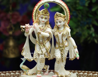 Radha Krishna .12 "Estatua de mármol cultivado Radha Krishna, Krishna con Radha, Hare krishna, krishna para la decoración del Templo Mandir Puja, Ídolos iskon