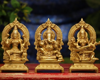 Lakshmi Ganesh Saraswati Statues,18CM Brass Laxmi Ganesh Saraswati Idols, Hindu gods of good luck, Wealth, Wisdom,Arts, Temple Mandir Murti