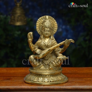 Saraswati Statue,Idol Small Maa Saraswati Statue on Swan. Hindu goddess of Arts, Music & Knowledge Murti Altar Decor, Brass Sculpture Decor