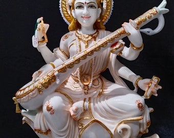 Saraswati Idol Large, 60 cm Big Size Hand Painted Cultured Marble Saraswati Statue on Lotus. Hindu goddess of Arts, Music & Knowledge Murti