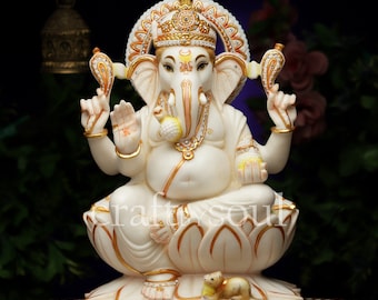 Ganesha Statue,18" Big Large Pure Marble Ganesh Idol,Ganapathi Murthi Sculpture,Ganes Morti for Temple Mandir Altar,God Diety of Good Luck