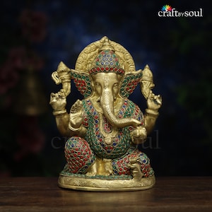 Ganesha Statue with Stonework, Brass Ganesha Idol,Shri Ganesha Figurine Morti,Brass Elephant God, Good Luck God, Vinayaka Statue, home decor