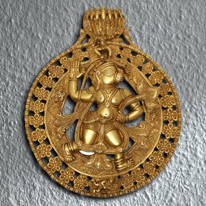 Brass Hanuman Statue,11&quot; Lord Hanuman Carrying Lotus Flower and Krishna on Top Wall Hanging in Brass, Outdoor Decor, Temple Mandir Altar Dec