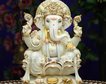 Ganesha Statue,38 cm Ganesh Idol,Cultured Marble Ganesha figurine,Sitting Ganpati, Ganpathi for Mandir,Diwali God Of Good Luck,Ganes Murthi