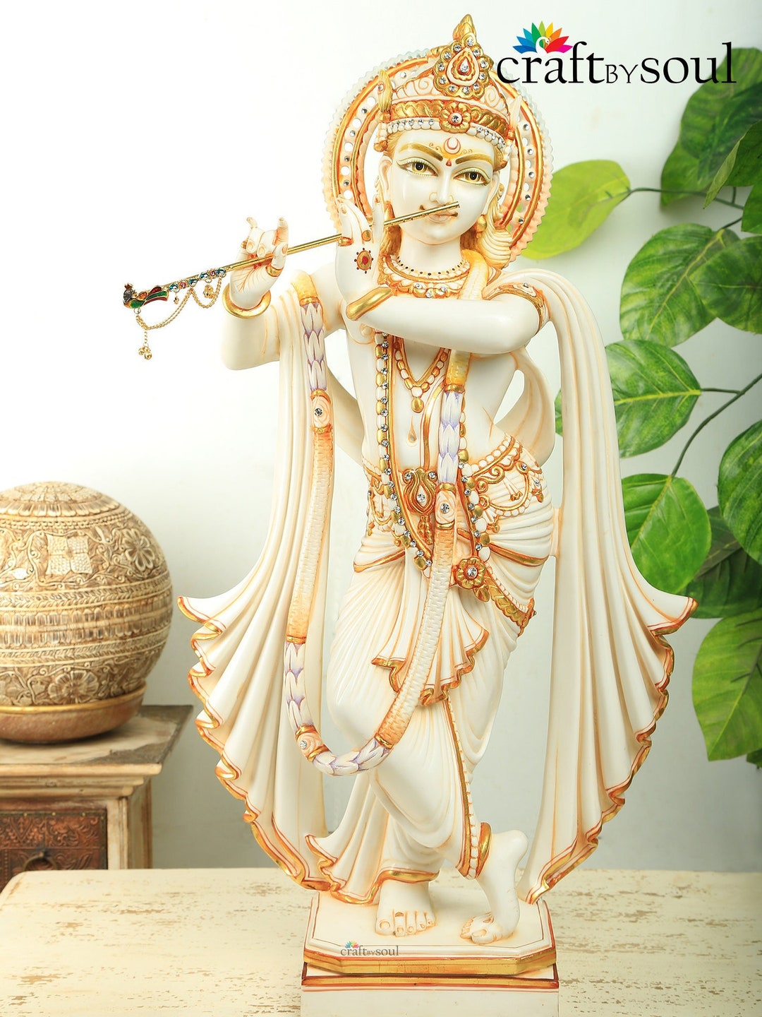 Statua Krishna In Ottone Con Intarsio – Decorazione Casa Diwali – Scultura 9x6x29 Pollici, Peso 16 Kg – Made In India