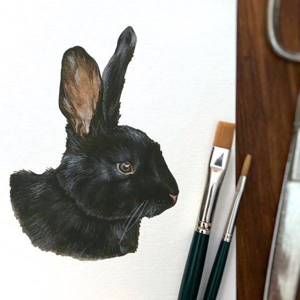 Black Rabbit Giclee Print - Bunny Pet Portrait Gouache Painting - Cottage Core Wall Hanging Illustration