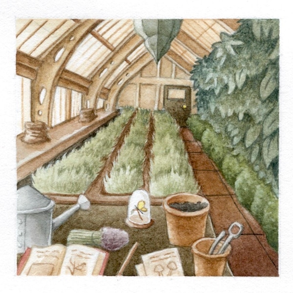 Greenhouse Original Watercolor Painting - Horticulture Illustration with Plants, Flowers and a Butterfly