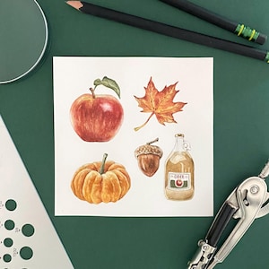 Collezione autunnale Dipinto ad acquerello originale - Illustrazione di zucca, ghianda, mela - Decorazione da appendere alla parete autunnale