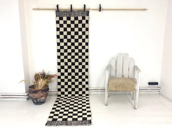 Checkerboard Wool Runner Rug, Moroccan Style Shaggy Hallway Carpet, Boho Floor Decor 2'2"x9'6"