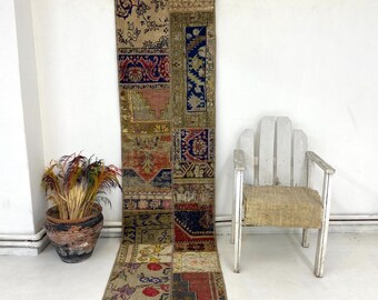 Vintage Patchwork Wool Runner Rug, Turkish Boho Hallway Carpet (2'3" x 9')