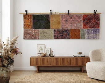Vintage Patchwork Wool Tapestry Wall Hanging, Boho Textile Art 2'3x7'1