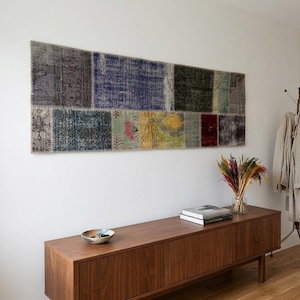 Vintage Wool Patchwork Tapestry, Boho Panoramic Wall Art, Handmade Horizontal Rug (2'1"x6'5")