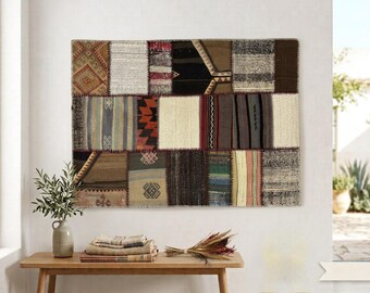 Vintage Woven Kilim Wall Hanging, 1960s Handmade Tapestry, Wool Textile Art , (3'3"x4'6")