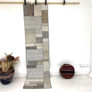 Stary kilim, ręcznie tkany patchworkowy dywan, turecki kozi wełniany chodnik do przedpokoju, 2'0x7'7 ft