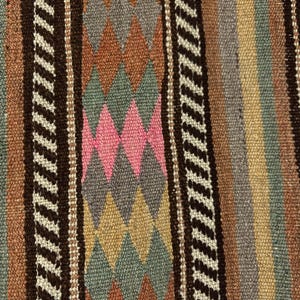 Op de afbeelding: Een geweven textiel met een herhalend patroon van verticale strepen en ruitvormen. Het kleurenpalet bevat tinten bruin, beige, grijs, gedempt groen en roze. Donkerbruine banden met witte zigzaglijnen scheiden de verschillende delen van de stof.