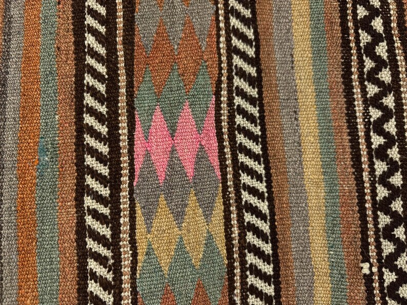 Op de afbeelding: Een geweven textiel met een herhalend patroon van verticale strepen en ruitvormen. Het kleurenpalet bevat tinten bruin, beige, grijs, gedempt groen en roze. Donkerbruine banden met witte zigzaglijnen scheiden de verschillende delen van de stof.
