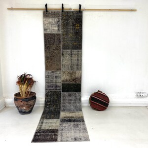 Tappeto passatoia patchwork vintage, tappeto da corridoio in lana anatolica dai colori tenui, 71 x 292 cm
