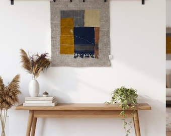 3x3 Vintage Abstract Textile Wall Hanging, Handwoven Patchwork Fiber Art, 3'0x3'2 ft