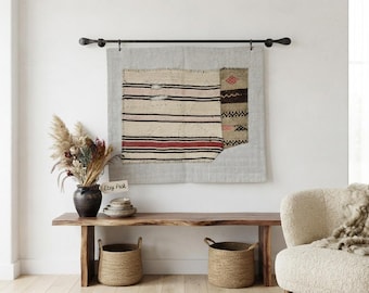 Vintage Turkse jute wanddecoratie, abstract geweven boho-tapijt, 105 x 125 cm