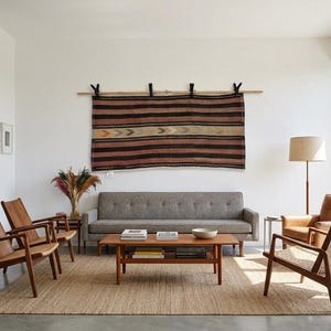 Tapiz de lana vintage para colgar en la pared, alfombra tejida de estilo moderno de mediados de siglo, 145 x 0,71 m.