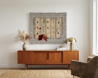 Vintage Turkish Wool Wall Art Rug: Handmade Tapestry, (3’5x4’3 ft)
