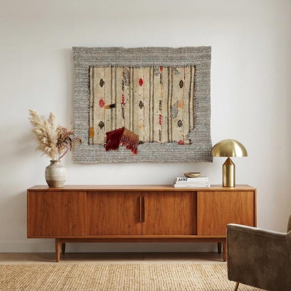 Vintage Turkish Wool Wall Art Rug: Handmade Tapestry, (3’5x4’3 ft)