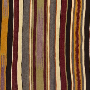 May include: A woven textile featuring a repeating pattern of vertical stripes in various widths and colors, including deep burgundy, mustard yellow, charcoal black, cream, muted olive green, and soft lavender, with a textured, fabric-like appearance.