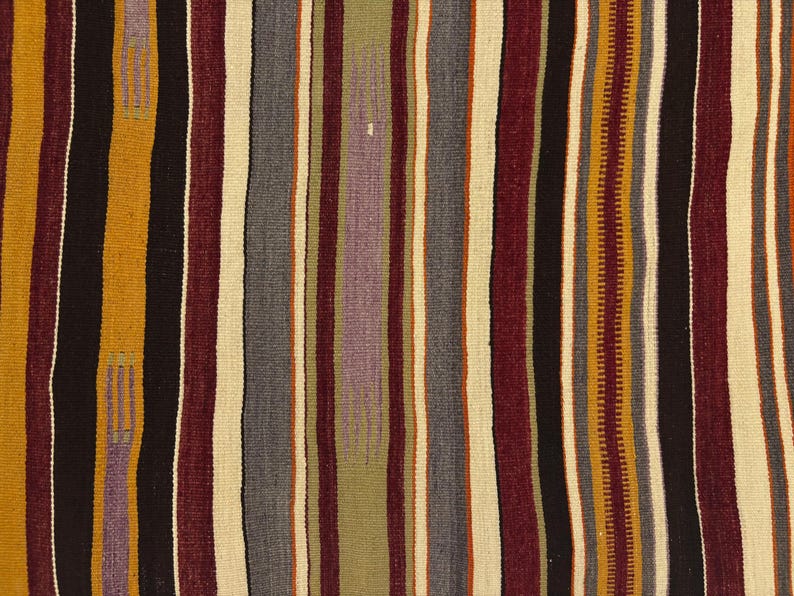 May include: A woven textile featuring a repeating pattern of vertical stripes in various widths and colors, including deep burgundy, mustard yellow, charcoal black, cream, muted olive green, and soft lavender, with a textured, fabric-like appearance.