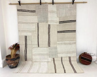 Large Patchwork Hemp Rug, 6x8 Natural Jute Area Rug, 6'0x7'9 ft