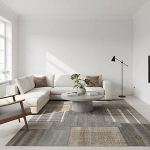 Tapis patchwork en laine, tapis de salon bohème neutre (236 x 305 cm)