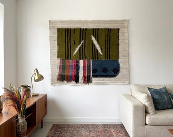 Arazzo vintage anatolico in lana e iuta: decorazione da parete (99x132 cm)