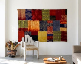 Vintage Turkish Wall Art Rug: Handmade Tapestry, (4'7x6'5 ft)