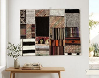 Handmade Wool Patchwork Wall Hanging, Vintage Anatolian Kilim Tapestry (3'4"x4'3")