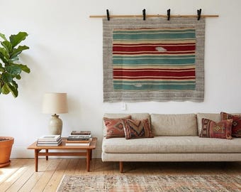 Vintage Handwoven Wool Wall Hanging, Boho Ethnic Textile Art (3'4"x4'2")