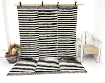 Vintage Shaggy Wool Rug, Striped Moroccan Style Carpet, 6'7" x 9'4" Ft