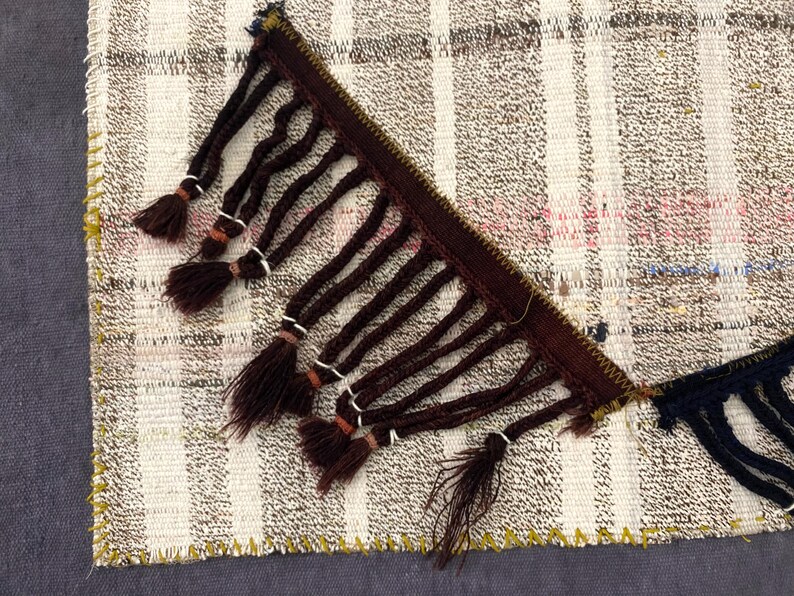 Puede incluir: Primer plano de una secci&oacute;n de un textil tejido con un patr&oacute;n de cuadros crema y marr&oacute;n. Flecos marrones oscuros con borlas est&aacute;n unidos al borde. El textil tiene un borde cosido amarillo y un fondo gris oscuro.